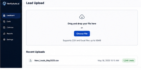 VerifyAuto.ai Lead Upload — CSV and Excel lead import